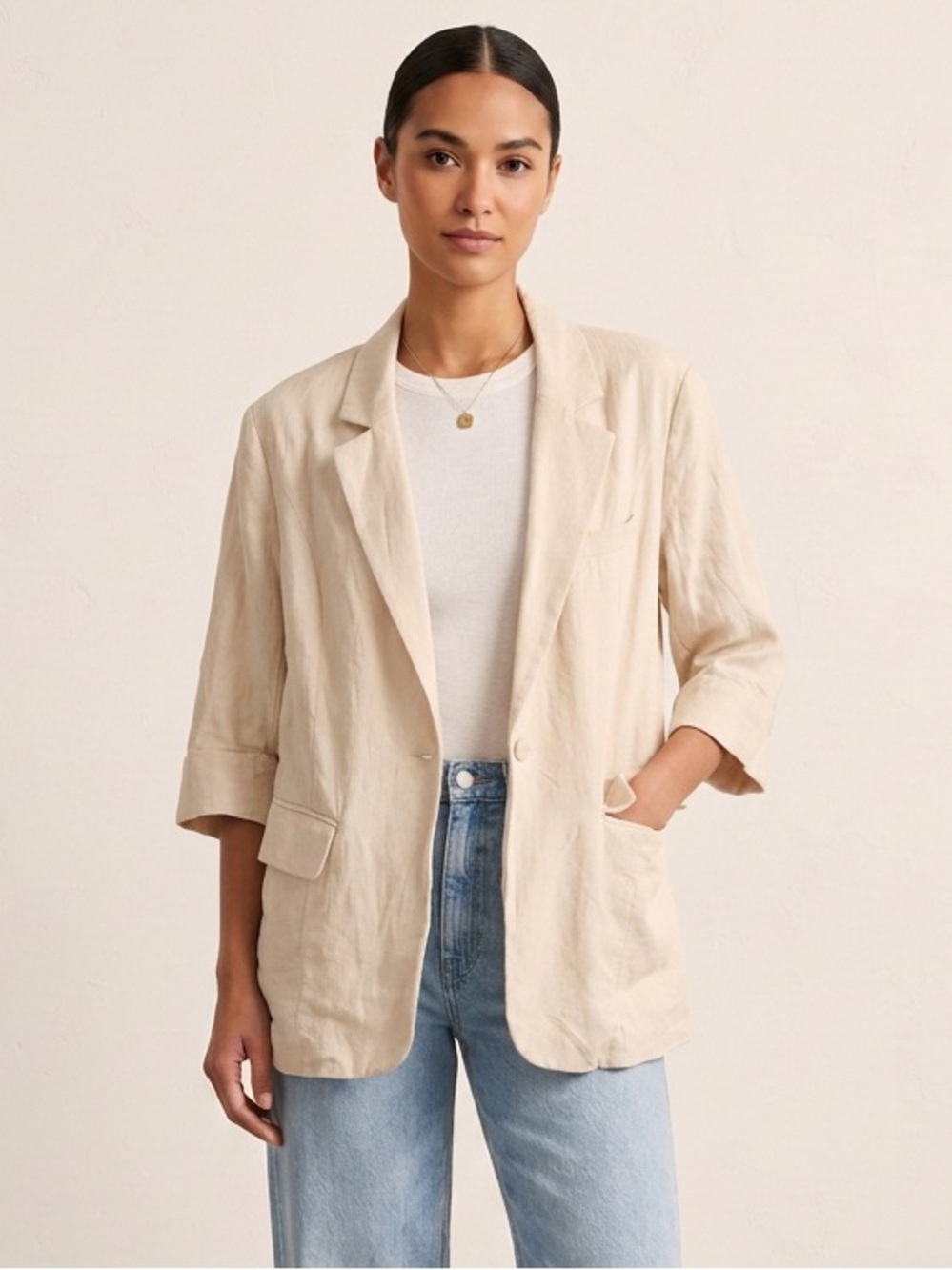 Mina Self L Cream Textured 3/4 Sleeve Casual Blazer Neutral Relaxed Eco Cottage